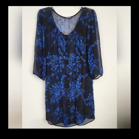 Express Brand Women's Sheer Overlay Dress Blue & Black Print Button-down Size L - Picture 1 of 6